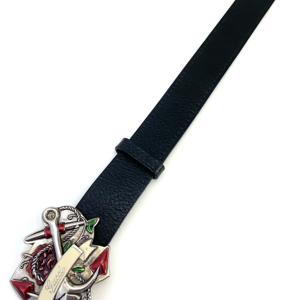 Vintage Gucci Black Calfskin Leather Belt Anchor & Rose Buckle Authentic